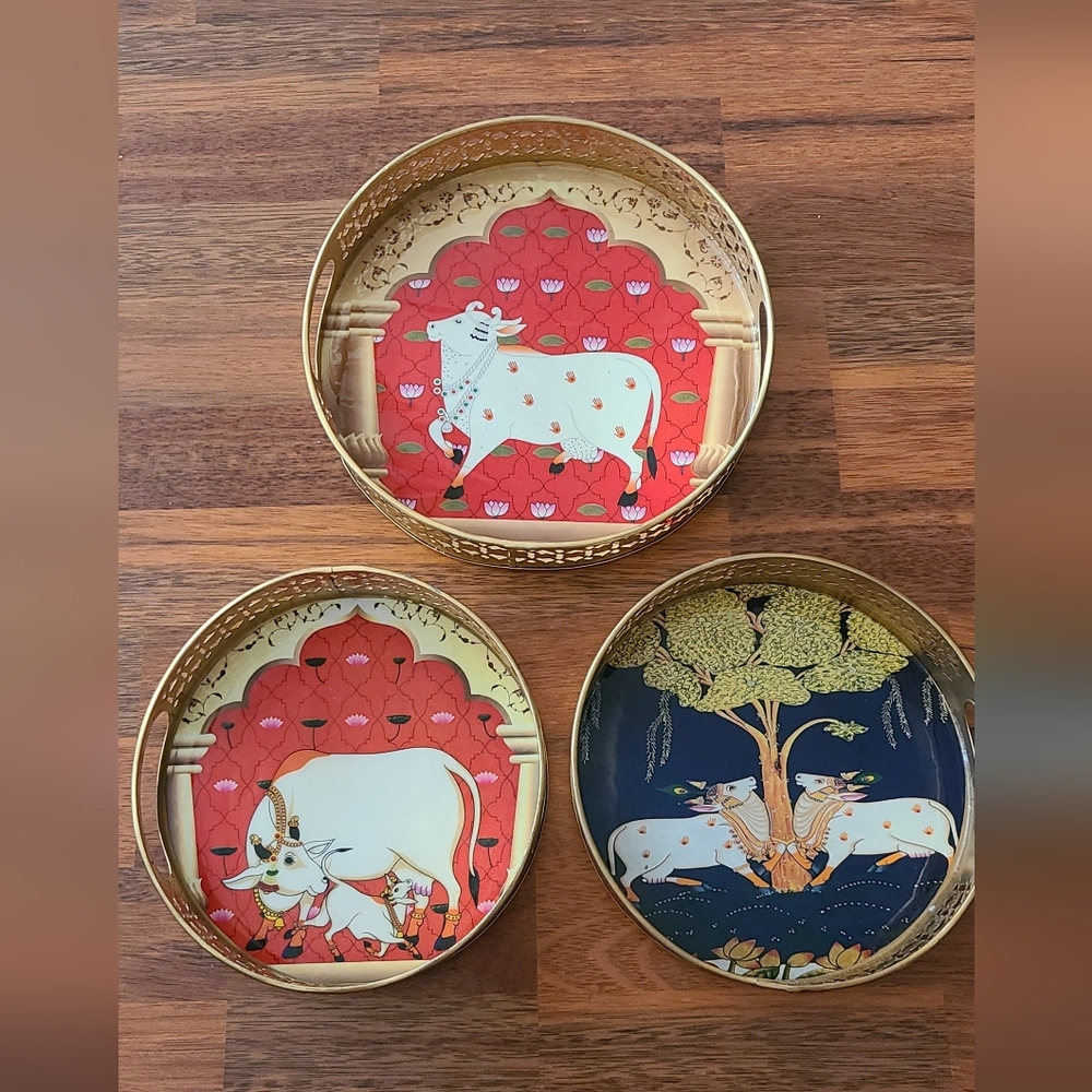 Decorative Pichwai Tray Set Handcrafted Cow Painting | Round Gold Metal Tray